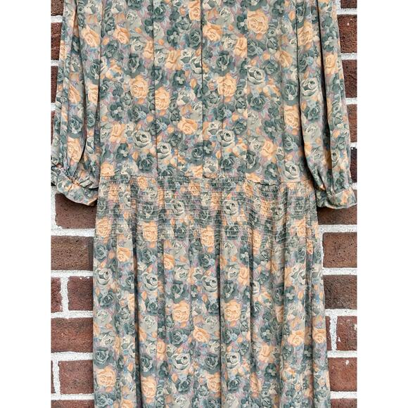 Vintage 1980s Taurus II Floral Print Dress Lace Collar Long Sleeve Drop Waist - Picture 3 of 15